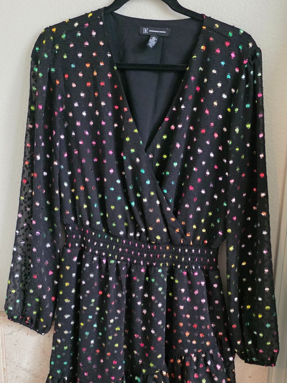 INC (Macy's) crossbody metallic "rainbow" polka dot dress, NWOT, size M